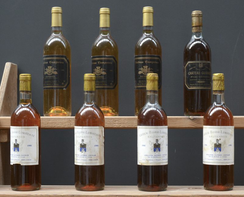 Lot witte bordeaux         aantal: 8 bt    Ch. Bastor-Lamontagne A.C. Sauternes   M.C.  1981  aantal: 4 bt    Ch. Guiraud A.C. Sauternes 1e grand cru classé  M.C.  1973  aantal: 1 bt    Ch. Camperos A.C. Sauternes   M.C.  1993  aantal: 3 bt