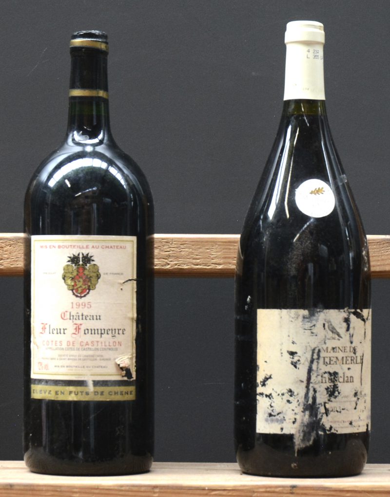 Lot rode wijn        aantal: 2 Mag.    Ch. Fleur Fompeyre A.C. Côtes de Castillon   M.C.  1995  aantal: 1 Mag.    Dom. de Cantemerle A.C. Côtes du Rhône Villages Chasclan   M.C.  2003  aantal: 1 Mag.