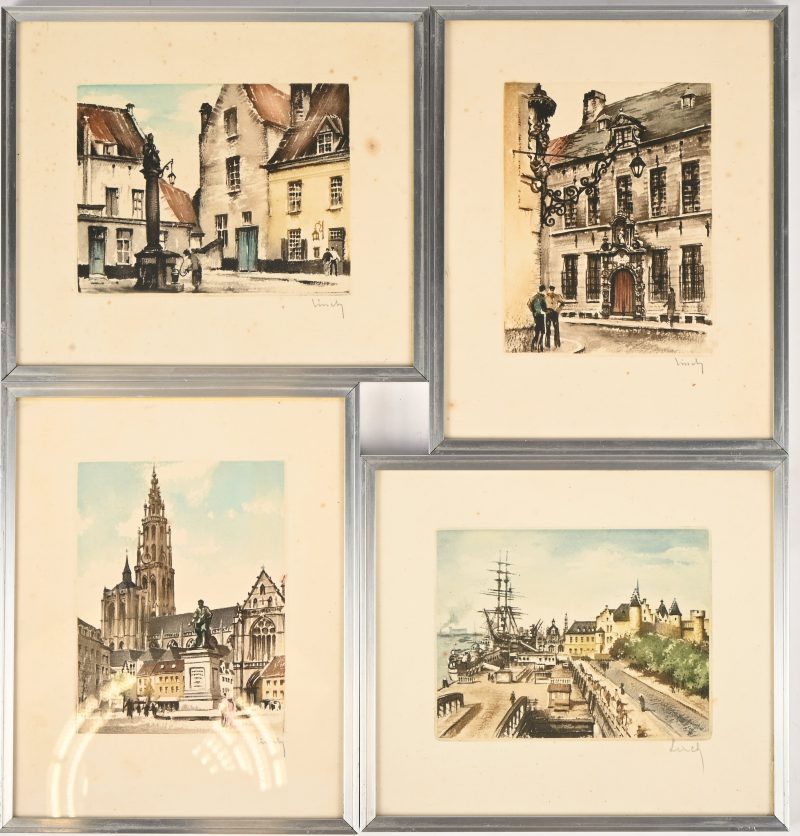 Een set van 4 stadszichten, aquatint op papier, gesigneerd Vinck.