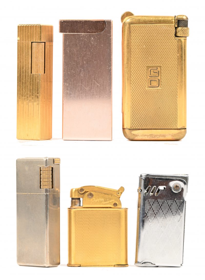 Een lot van zes vintage aanstekers. Di Ferria, Perry, Scorpio, Favor, Maruman en ‘0210’.