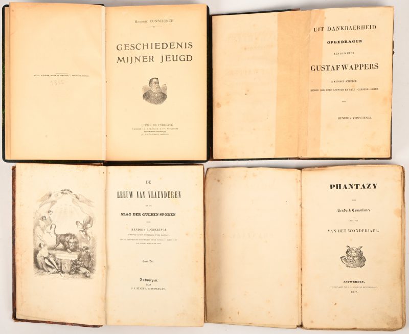 Vier boeken door Hendrik Conscience: De leeuw van Vlaenderen, eerste druk 1838, In ‘t wonderjaer 1566, eerste druk 1837, Phantazy, eerste druk 1837 en Geschiedenis mijner jeugd, niet gedateerd.