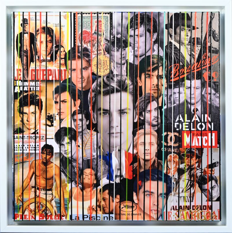 ‘Alain Delon’, collage/gemengde techniek op doek. Onleesbaar getekend. In Amerikaanse kader.