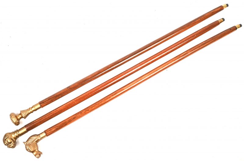 Een lot van drie houten wandelstokken met bronskleurig handvatten. Een buldogkop, een paardenhoofd en een knop.