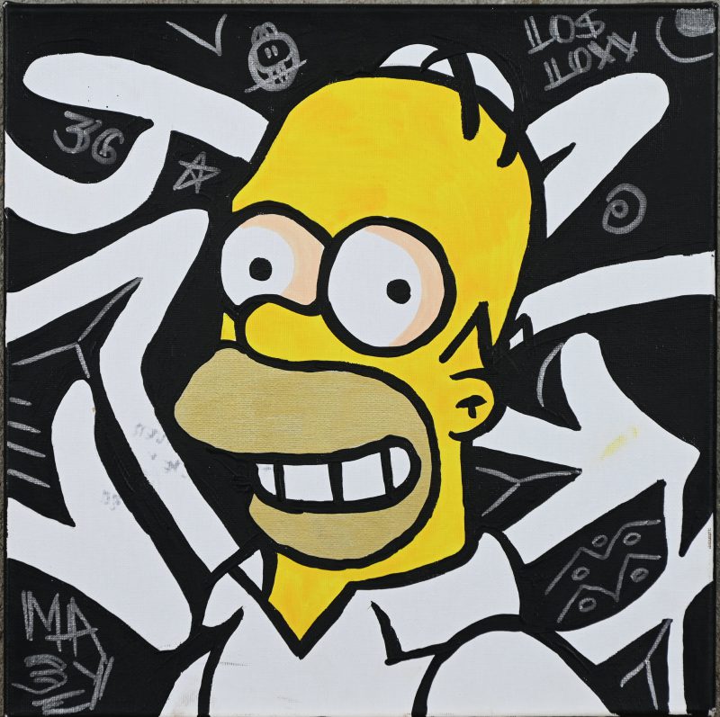 ‘Homer Driver Licence’, acryl op doek. Achteraan getekend.