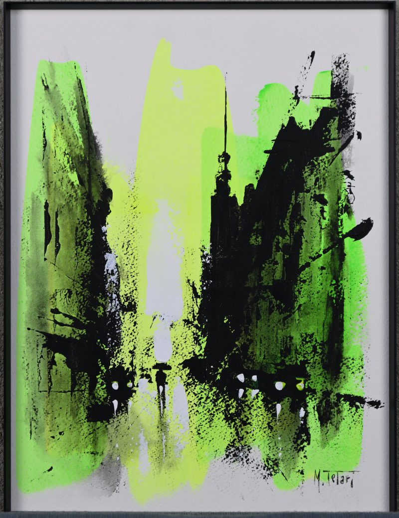 ‘New York - Fluo’, acryl op papier. Getekend; M. Telari. Met certificaat.