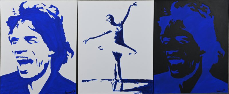 ‘Prima Ballerina’ & twee Rolling Stones. Een lot van drie schilderijen, acryl op doek. Getekend; Liesens.
