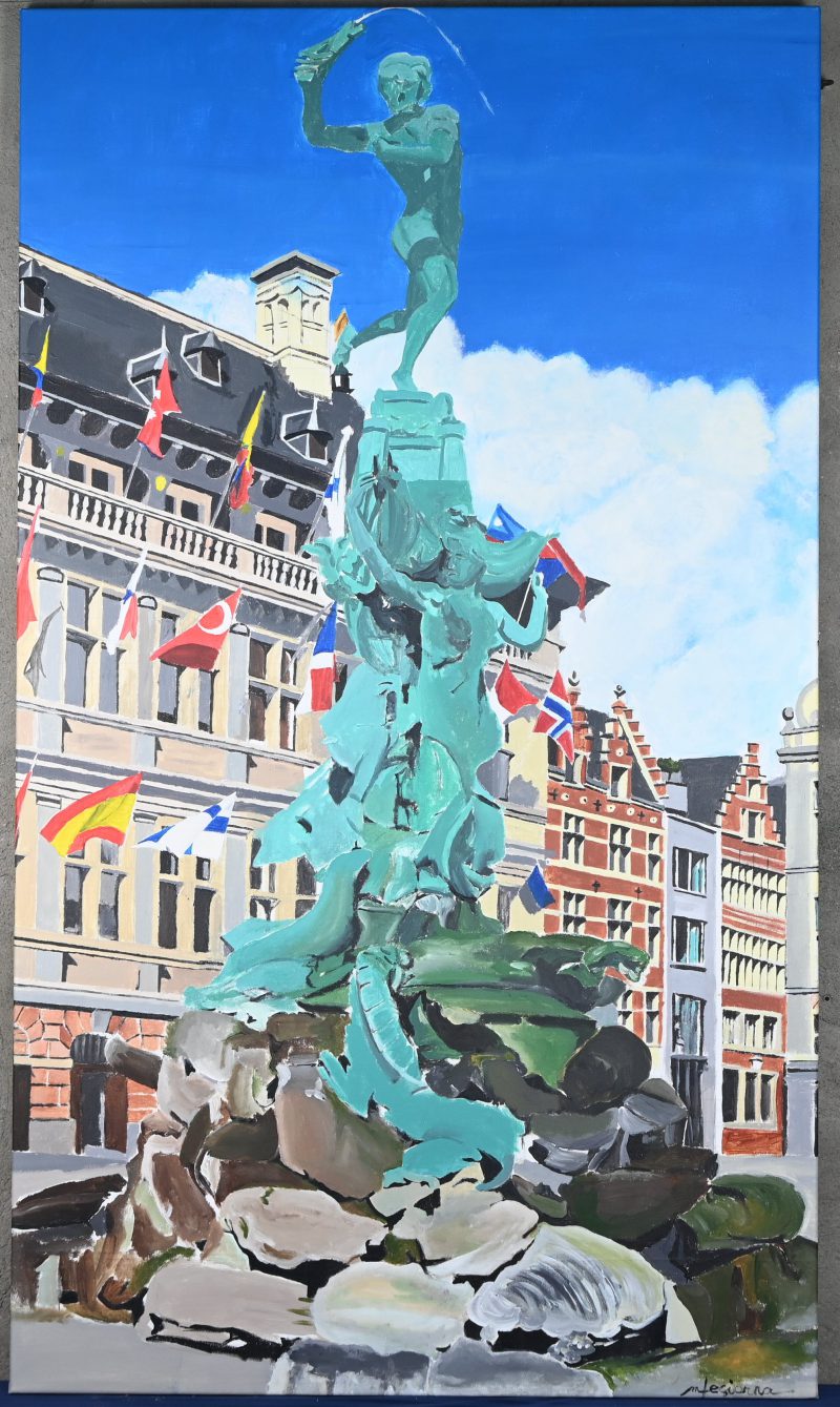 ‘Brabo Fountain’, acryl op doek, getekend; Mhara M. Tesiorna. Met certificaat.