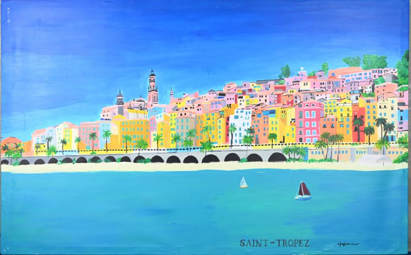 ‘Saint-Tropez’, acryl op doek, getekend; Mhara M. Tesiorna. Met certificaat.