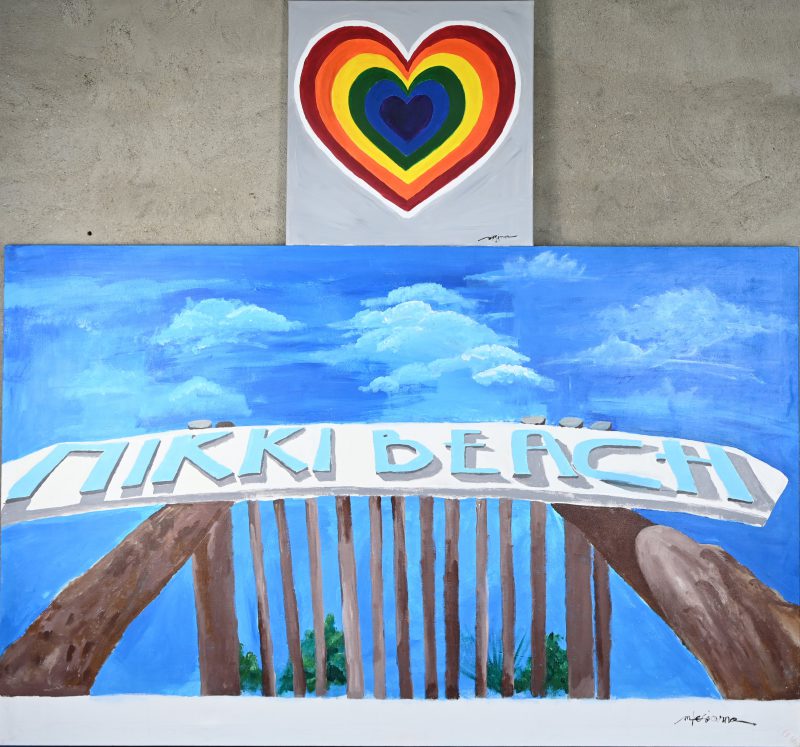‘Nikki Beach’, acryl op doek, getekend; Mhara M. Tesiorna. Met certificaat. Toegevoegd; ‘Gender Love’, 50/50 cm.