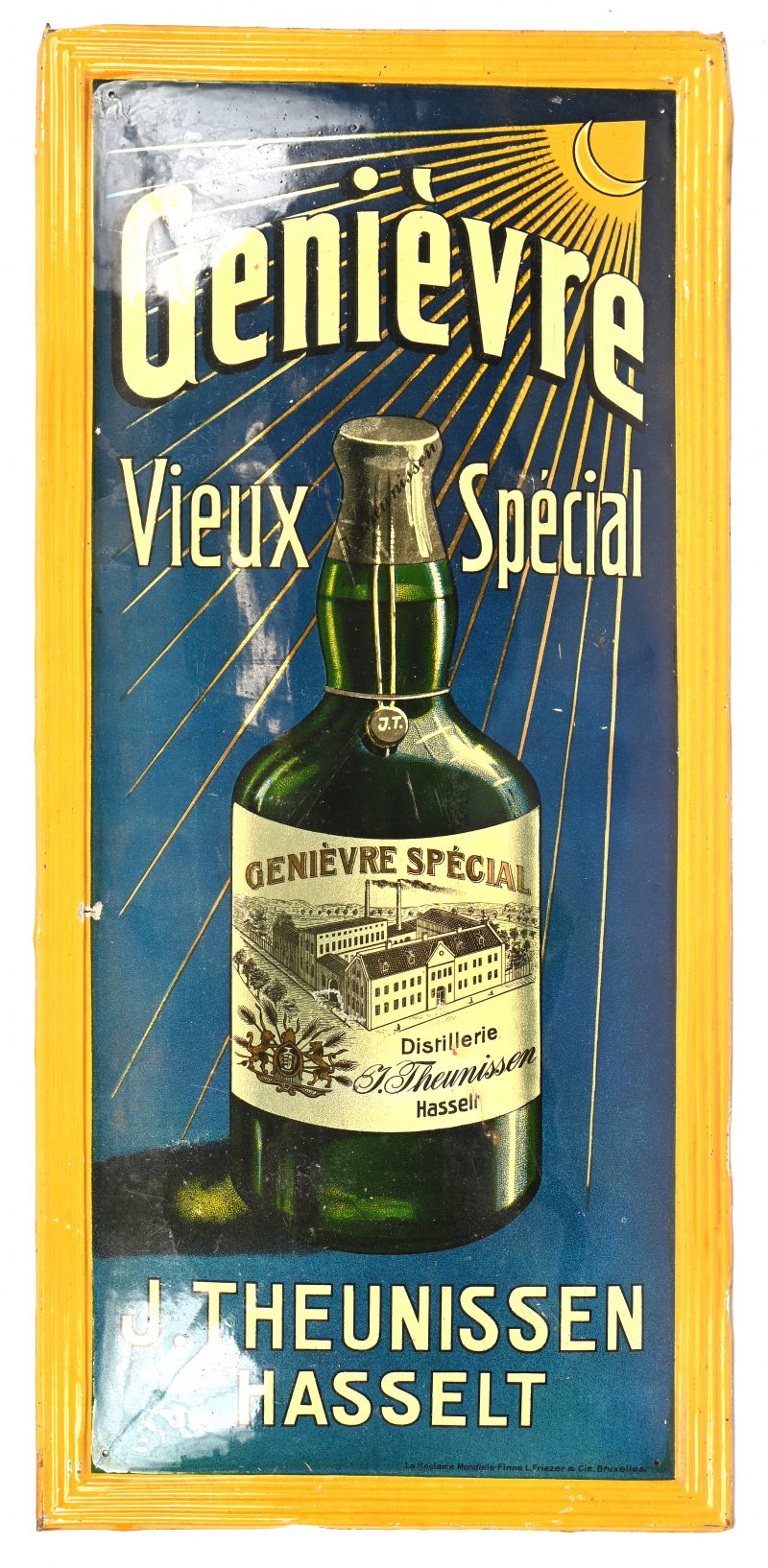 Een vintage blikken reclamebord, Genièvre vieux special, J. Theunissen Hasselt.