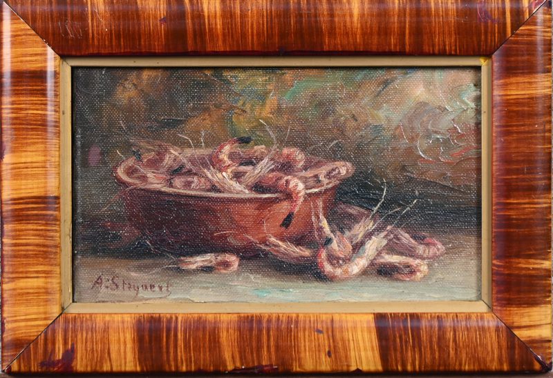 ‘Verse garnalen’, olieverf op schilderspaneel. Getekend; A. Steyvaert.
