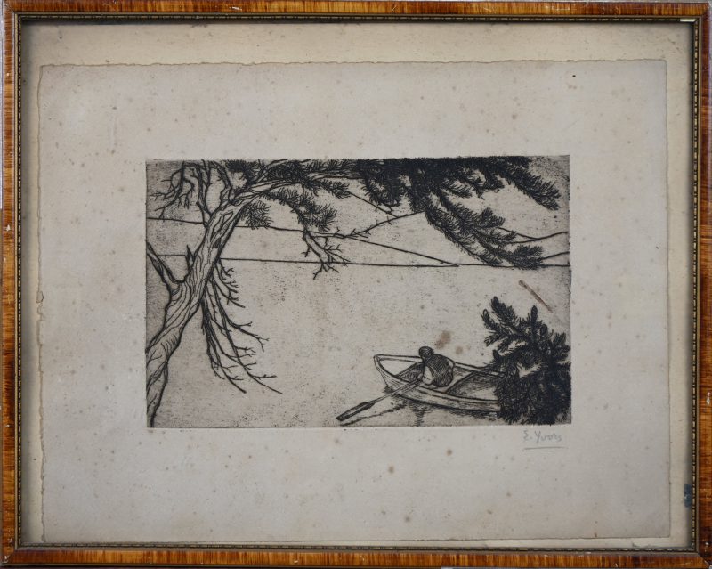 ‘Een man in een roeiboot’, monochrome ets. Getekend E. Yoors.
