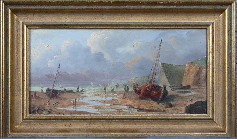 ‘Visserssloepen bij laag water’, olieverf op paneel. Draagt de handtekening; D’Aloncon.