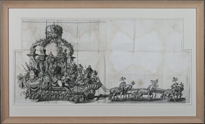 Een 18e eeuwse gravure van een koninklijke praalwagen. Ingekaderd zonder glas.