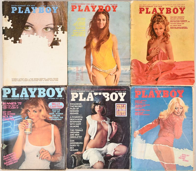 Een lot van 6 vintage Playboy magazines, May 1970, July 1971, September 1971, march 1975, April 1977 en November 1977.