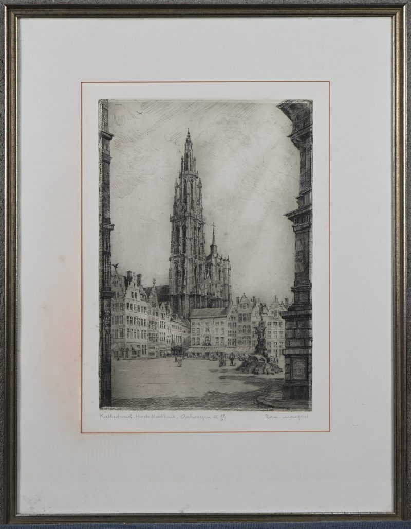 “Kathedraal van Antwerpen”. Gravure. Gesigneerd  en genummerd.
