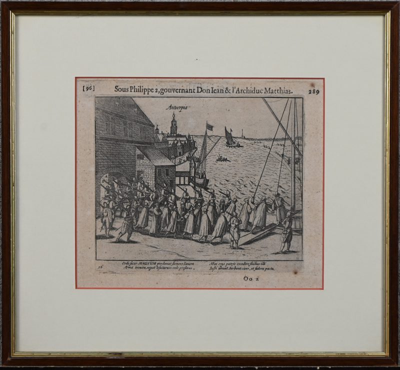 “Filips II, Don Juan, Aartshertog Matthias te Antwerpen”. Gravure.