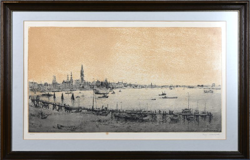 ‘Zicht op de schelde’, ets. Getekend binnen en buiten de plaat; R. Malfliet. Nr. 65 uit een oplage van 100.