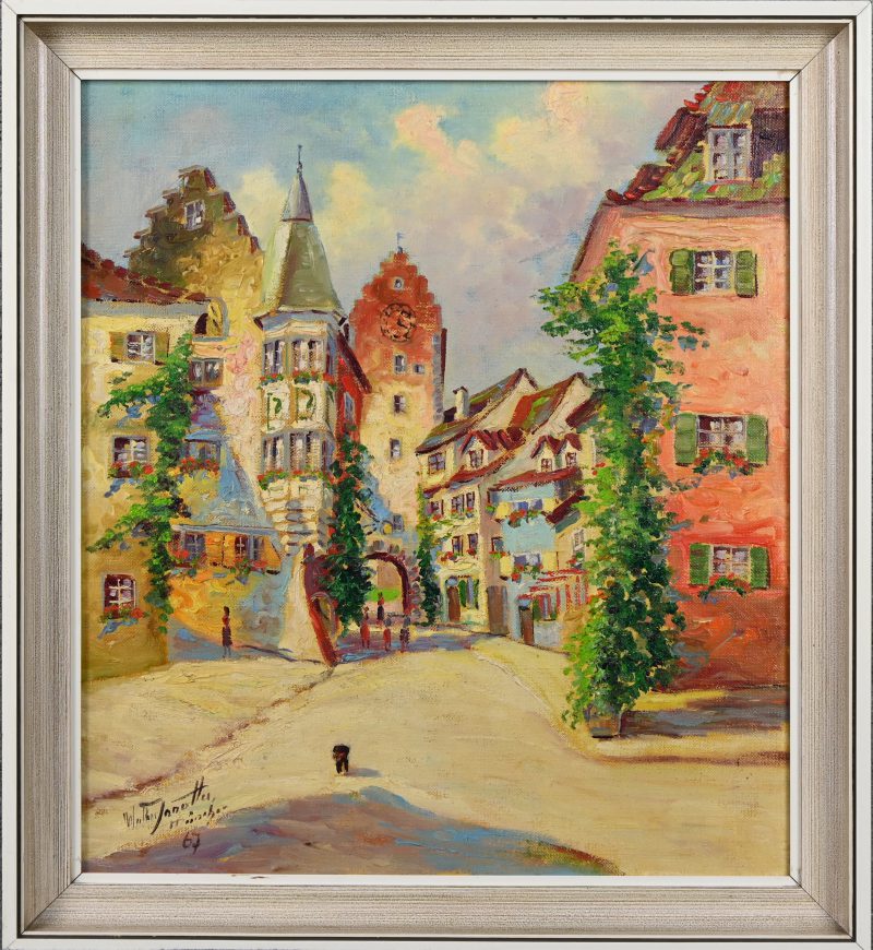 ‘Zeer kleurrijk dorpszicht’, olieverf op doek. Getekend; Walter Janotta, Munchen.