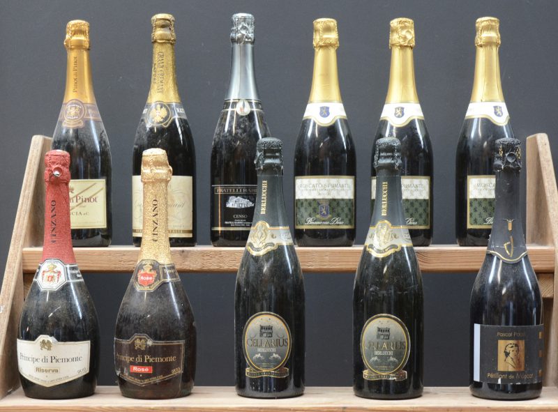 Lot schuimwijn        aantal: 11 bt    Pinot di Pinot Vino spumante Brut  Gancia, Canelli M.O.    aantal: 1 bt    Grand Crémant Brut   Gancia, Canelli M.O.    aantal: 1 bt    Censo Vino spumante Brut  Fratelli Rabino, Santa Vittoria d’Alba M.O.    aantal: 1 bt    Moscato Spumanti Dolce Vino spumante Brut  Dario, Bersano M.O.    aantal: 3 bt    Principe di Piemonte Riserva   Cinzano, Sante Vittoria d’Alba M.O.    aantal: 1 bt    Principe di Piemonte Rosé   Cinzano, Sante Vittoria d’Alba M.O.    aantal: 1 bt    Cellarius Brut Spumante Speciale   Guido Berlucchi M.O.    aantal: 2 bt    Pascal Puoli Petillant de Muscat   Capu Biancu, Morsiglia M.O.    aantal: 1 bt