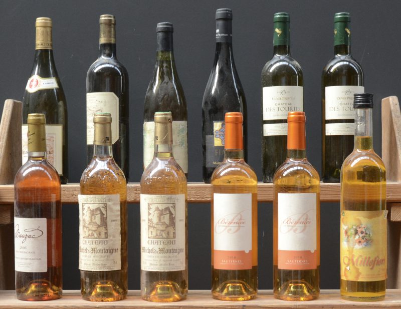 Lot witte wijn        aantal: 10 bt    Mauzac A.C. Gaillac Doux  Dom. des Tres Cantous, Cahuzac M.O.  2006  aantal: 1 bt    Ch. Michel de Montaigne A.C. Côtes de Montravel  Mahler-Besse M.C.  1999  aantal: 2 bt    Millefiori        aantal: 1 bt    Ch. des Tourtes Cuvée Prestige A.C. Blaye Côtes de Bordeaux   M.C.  2010  aantal: 2 bt    Alittenhoeve Pinot Hagelander   M.O.  1990  aantal: 1 bt    Fiano I.G.P. Fiano Beneventano  Masseria Fratasi M.O.  2016  aantal: 1 bt    Dom. de la Solitude A.C. Pessac-Léognan   M.C.  2005  aantal: 1 bt    Côtes du Rhône A.C.  E. Guigal, Ch. d’Ampuis M.O.  2010  aantal: 1 bt