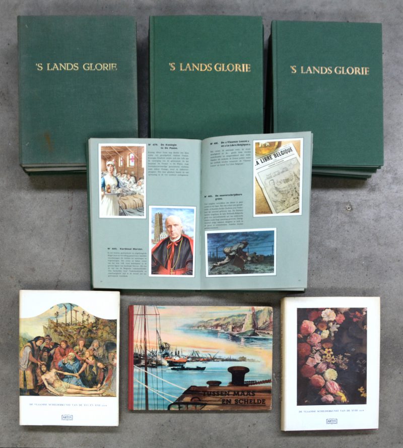 Een lot chromo-albums:- “’s Lands glorie”. Ed. Historia. Delen I, II (2x), III (2x), IV (2x), V & VI (2x).- “De Vlaamse schilderkunst”. Ed. Artis. Twee delen (XVe en XVIe eeuw & XVIIe eeuw).- “Tussen Maas en Schelde”. Ed. Veen.