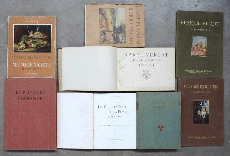 Acht boeken m.b.t. Kunst. Max Rooses, “Les Chefs-d’Oeuvre de la Peinture de 1400 à 1800”. Ed. Flamarion, Paris. G. Knuttel, “De Nederlandsche Schilderkunst Van Eyck tot Van Gogh”. Ed. Becht Amsterdam 1938. E.Greindl, “Les Peintres Flamands du Nature Morte au XVIIe siècle”. Ed. Elsevier 1956. J. Lassaigne, “La Peinture Flamande, le siècle de Van Eyck”. Ed. Albert Skira 1957. “Karel Verlat, Eeuwfeest-Album 1824-1924”. Ed. Gemeentebestuur Antwerpen 1924. “L’Art Flamand & Hollandais tome seizième”. Ed. Van Oest, Bruxelles-Paris 1911 (rug beschadigd). Algemene Verzekeringen van Triëst. “Calendrier 1958 - Kalender 1963”.