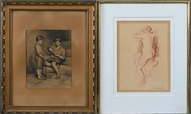 Een lot van twee tekeningen: “zittend naakt.” Sanguine Gesigneerd a. Marstboom (dedicatie aan een vriend, 1956). & “Jongens op trap.” Gesigneerd V. Anthonis.
