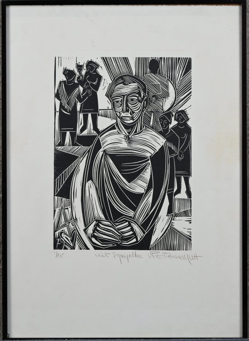 “Ingetogen man”. Linosnede. Gesigneerd, genummerd 1/24 en “Uit sympathie” buiten de plaat.