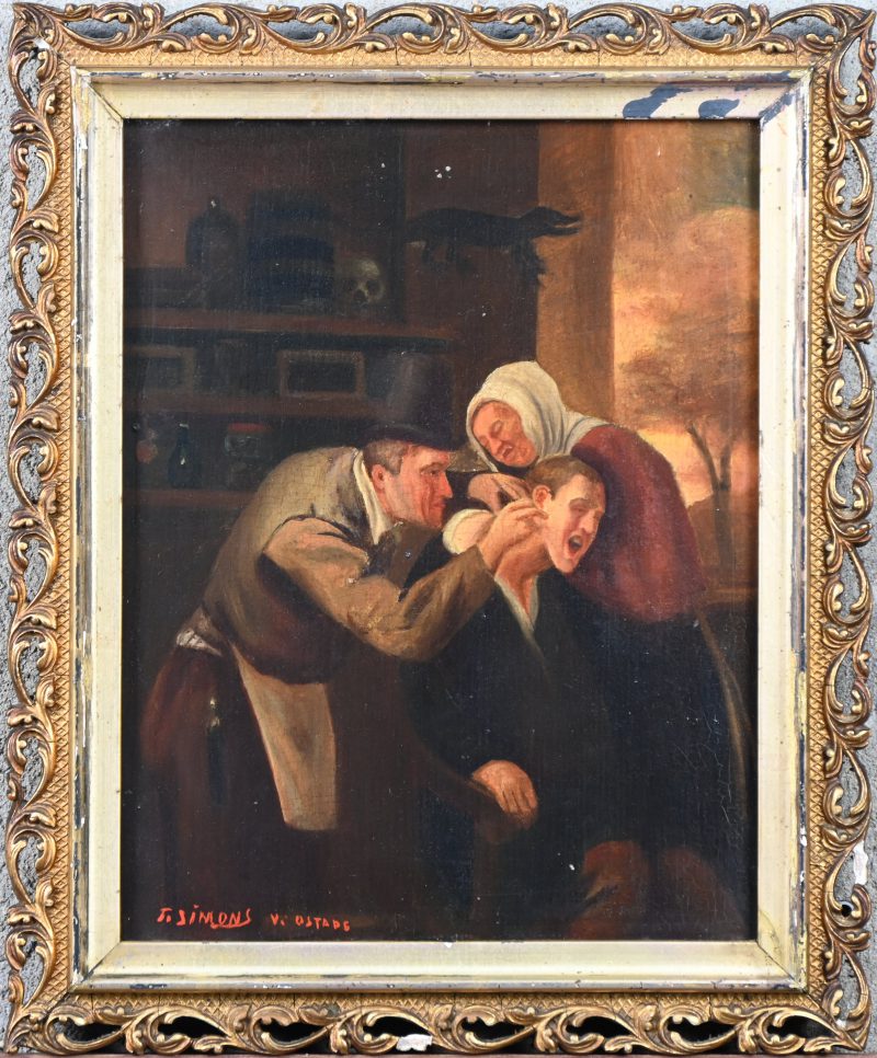 “De Kwakzalver naar van Ostade”. Olieverf op paneel.