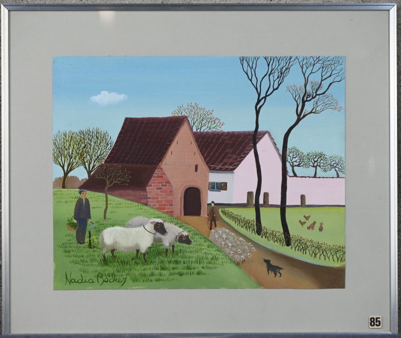 ‘Boerderij met schapen en kippen’, olieverf op karton. Getekend; Nadia Becker.