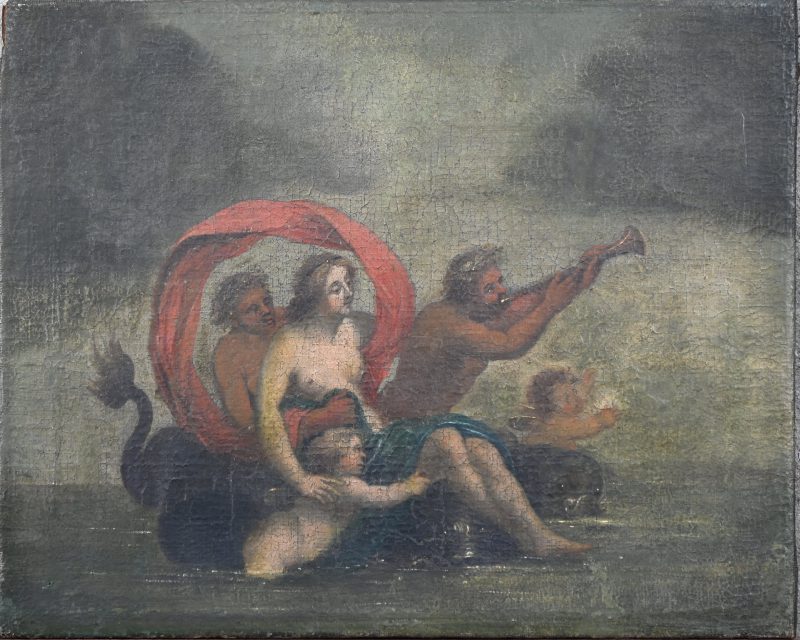 ‘Venus gezeten op een fabeldier, vergezeld van twee putti’s en twee mannen met een lauwerkrans’. Een 19e eeuws  olieverfschilderij met mythologisch thema. Niet getekend.