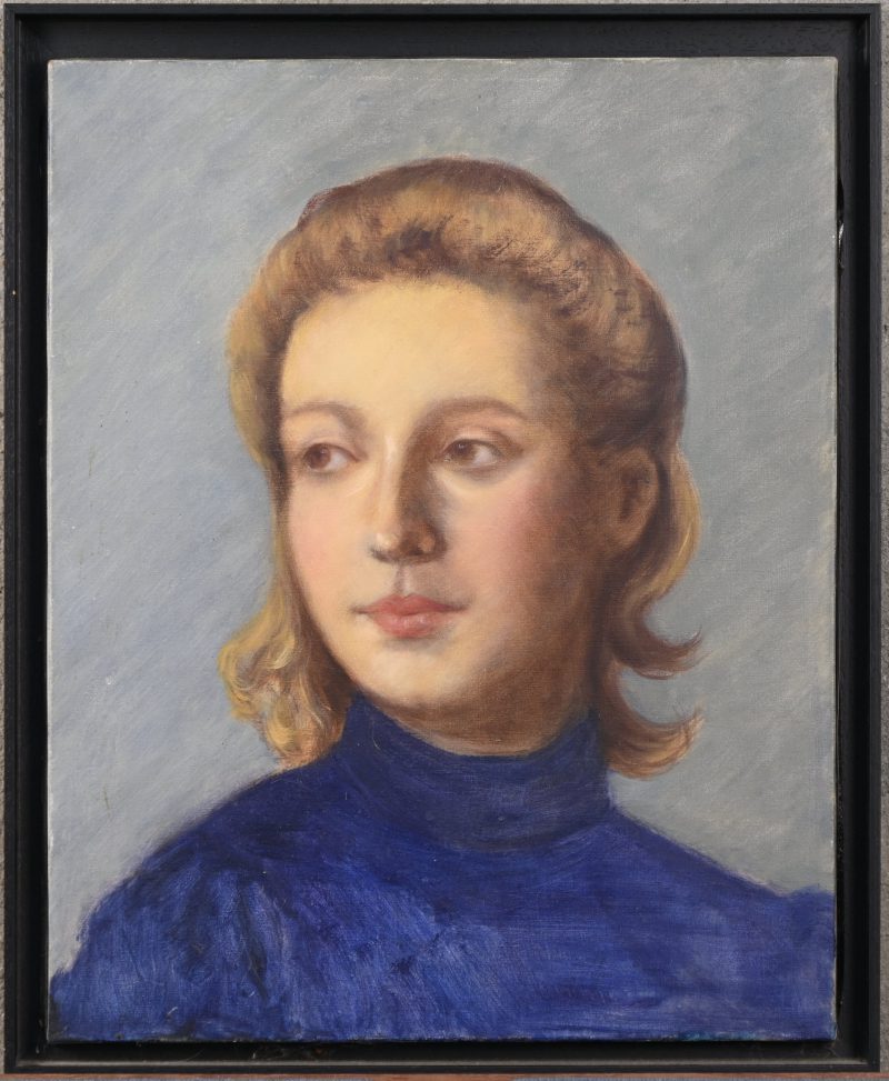 ‘Portret van een jonge vrouw met blond haar’, olieverf op doek. In zwarte Amerikaanse kader, niet getekend.