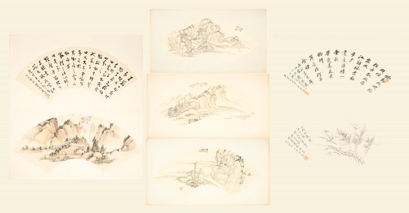 Lot van 7 japanse tekeningen, inkt op zijdepapier. Kleine waaiervorm, opgekleefd op karton.