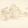 Lot van 7 japanse tekeningen, inkt op zijdepapier. Kleine waaiervorm, opgekleefd op karton.