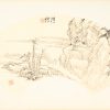 Lot van 7 japanse tekeningen, inkt op zijdepapier. Kleine waaiervorm, opgekleefd op karton.