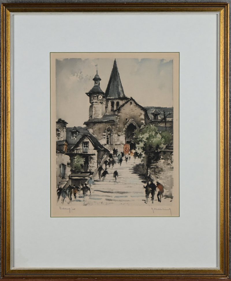 “Kerkplein”, een aquatint, gesigneerd buiten de plaat Hebbelinck.