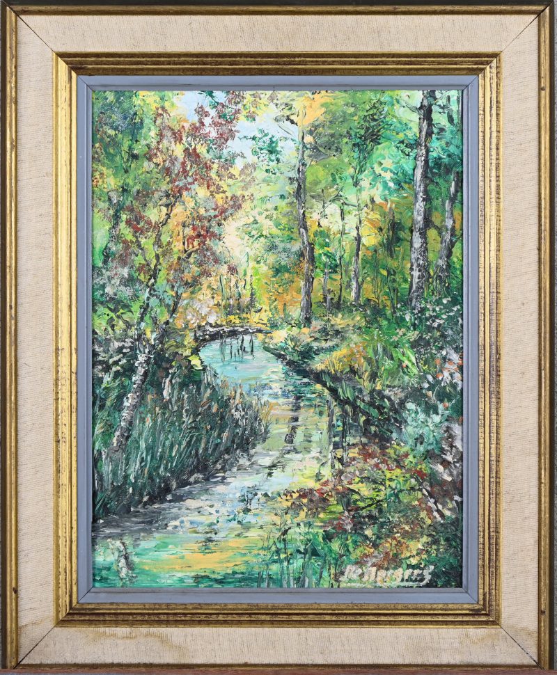 “Boszicht met beek”, een schilderij, olieverf op doek, onleesbaar gesigneerd.