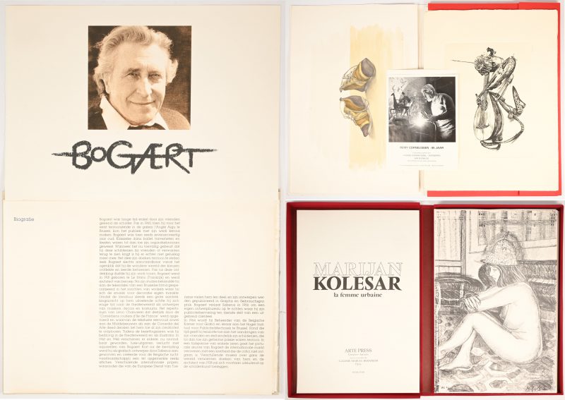 Een lot van 3 kunstmappen, Remy Cornelissen, Marijan Kolesar en Gaston Bogaert. Toegevoegd enkele etsen, een ingekleurde ets,waarvan 2 gesigneerd Valckx, een linosnede en een werk van André Goezu, gemengde techniek. De 2 andere werken onleesbaar gesigneerd.
