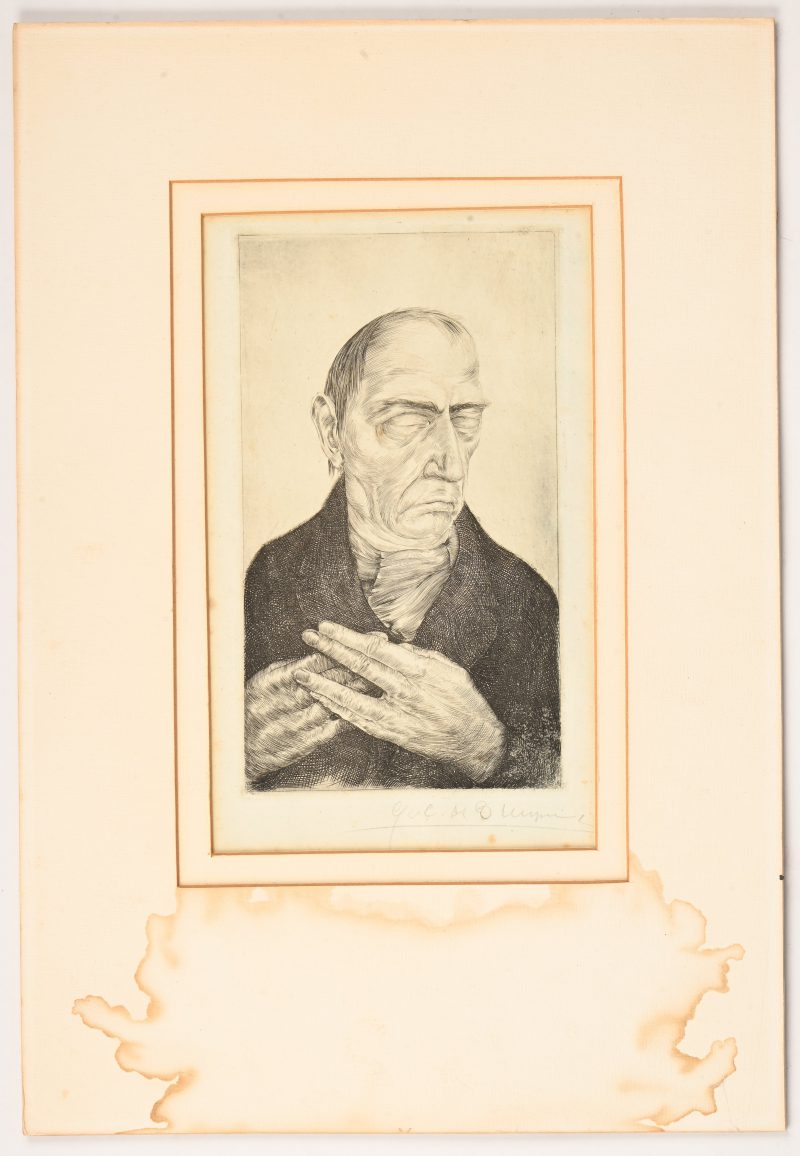 ‘De blinde’. Gravure, getekend buiten de plaat; Gustaaf De Bruyne. Zonder kader.