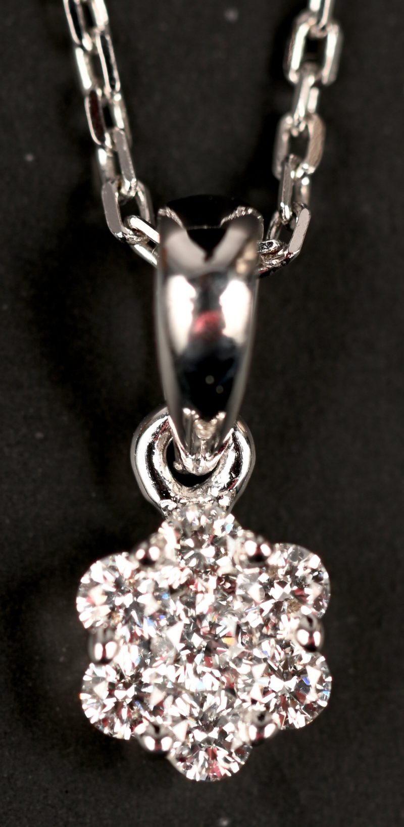 Een 18 kt witgouden ketting met hanger met briljanten met een gezamenlijk gewicht van 0,26 ct. EVVS1.
