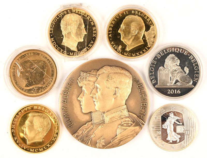 Een lot herdenkingspenningen waaronder 4 vergulde: Leopoldus 1, Albertus 2, Philippus en Mathilde + Philippus, een Franse zilveren 10 euromunt, een herdenkingsmunt van het ontstaan van België en een bronzen herdenkingspenning 1914-1918.
