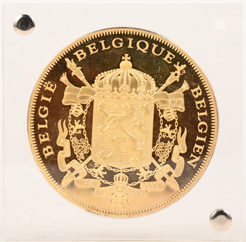 Een grote vergulde herdenkingsmunt, de Belgische dynastie, gelimiteerde uitgave, nr 0210/1831. In plexiglazen houder.