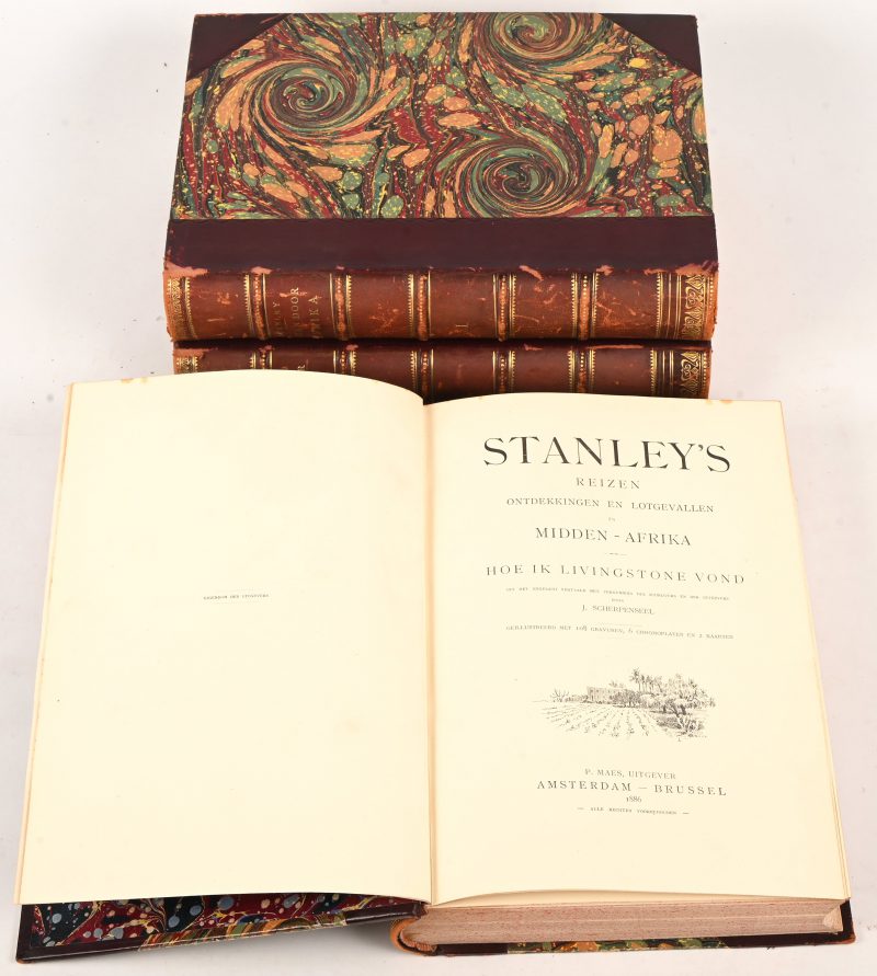 Stanley's reizen, ontdekkingen en lotgevallen in Midden-Afrika. 3 delen. Hoe ik Livingstone vond (deel 1) - Zes jaren aan den Congo (deel 2 en 3) . Uit het Engelsch vertaald med vergunning des schrijvers en der uitgevers door J. Scherpenseel. 1886.
