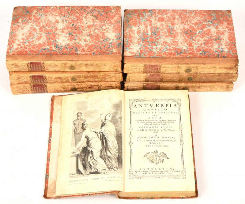 Antverpia Christo nascens et crescens.Seu acta ecclesiam antverpiensem ejusque apostolos ac viros pietate conspicos concernentia usque ad seculum XVIII : Secundis curis collecta at disposita ac in VII tomos divisa. 1773