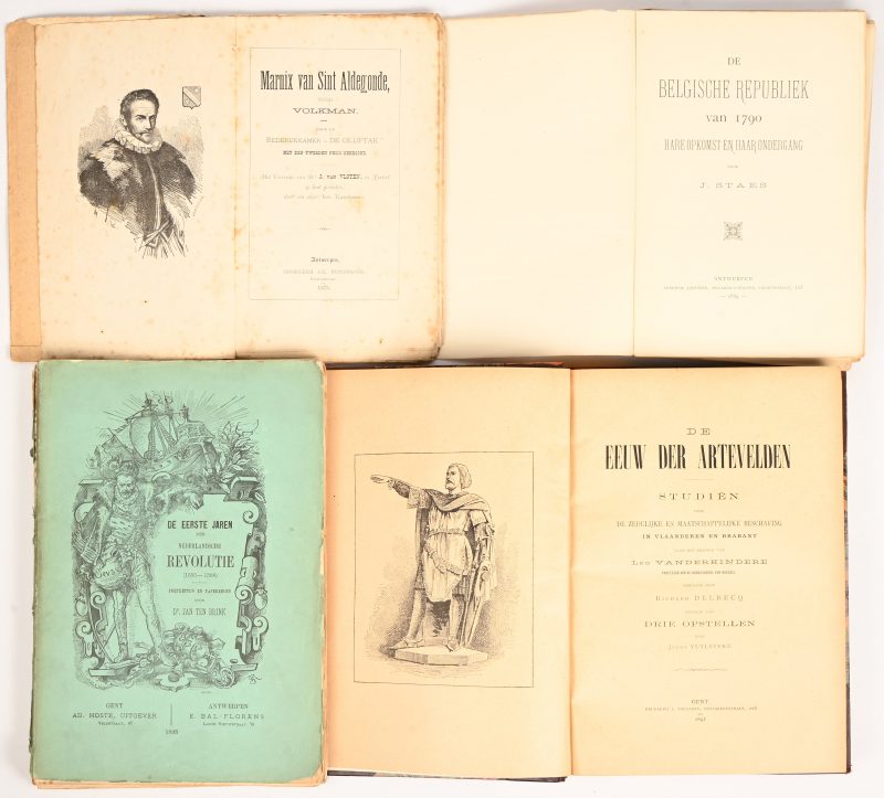 Een lot van vier oude naslagwerken. ‘De eerste jaren der Nederlandsche revolutie’, door Jan Ten Brink, 1893. ‘De eeuw der Artevelden’, door Leo Vanderkindere, 1893. ‘Marnix Van Sint Aldegonde’, door Volkman, 1875. ‘De Belgische republiek van 1790’, door J. Staes, 1889, zonder kaft.
