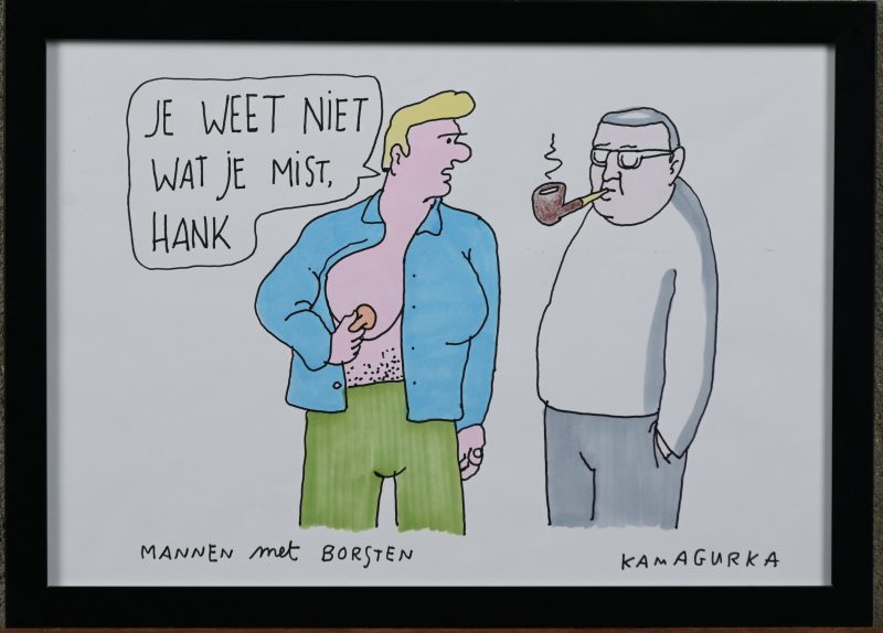 ‘Mannen met borsten’, tekening in viltstift en kleurpotlood. Getekend; Kamagurka.