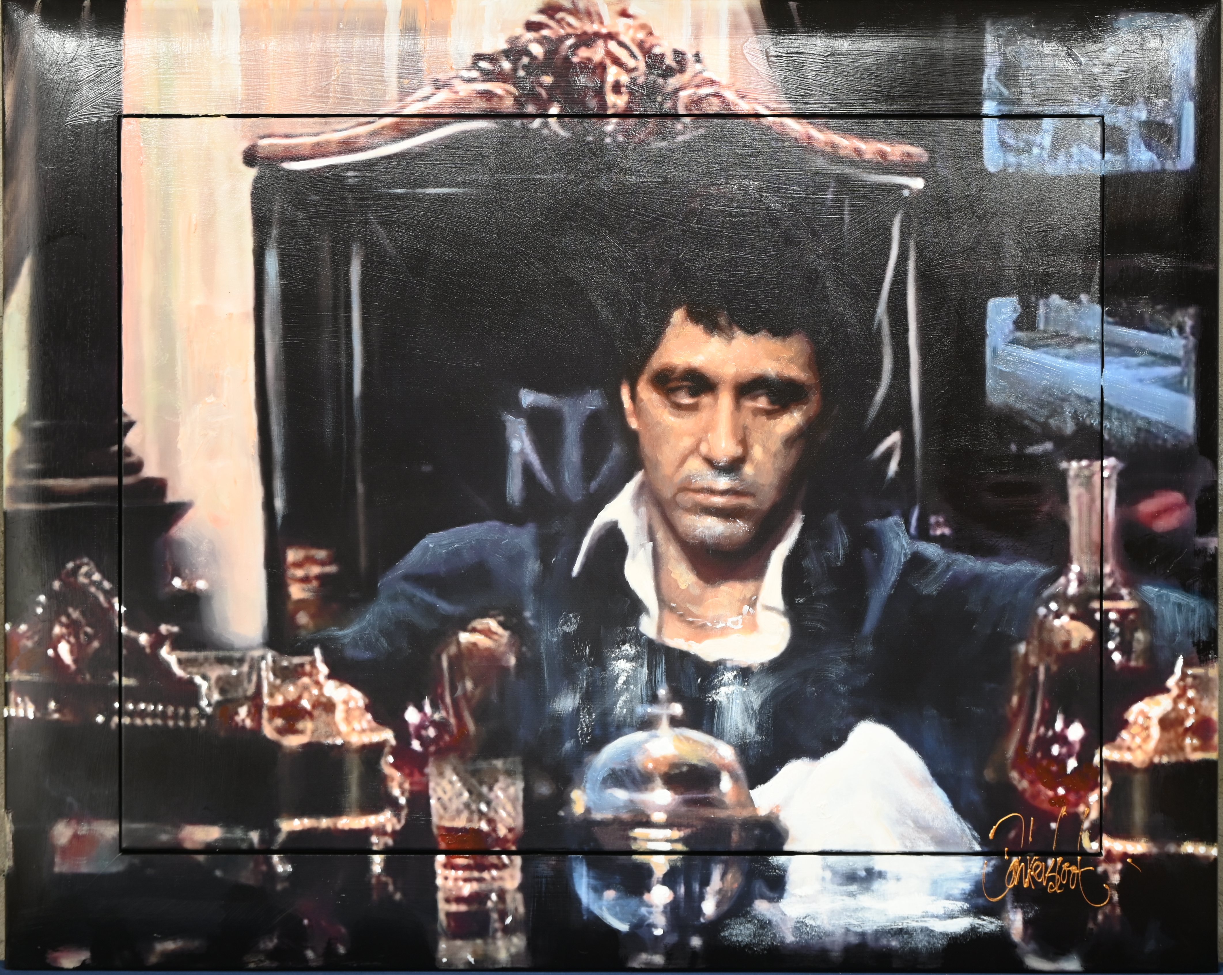 ‘Tony Montana coke”, acryl op doek. Getekend; Donkersloot. Met certificaat. Unieke commissie ‘Tony Montana coke”, acryl op doek. Getekend; Donkersloot. Met certificaat. Unieke commissie.