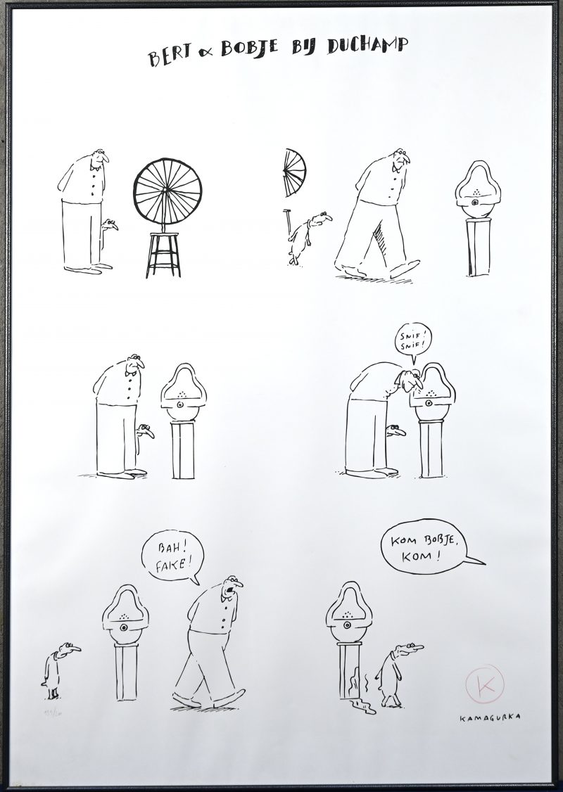 ‘Bert en Bobje bij Duchamp’, monochrome zeefdruk, getekend; Kamagurka. Nr. 199 op een oplage van 200.