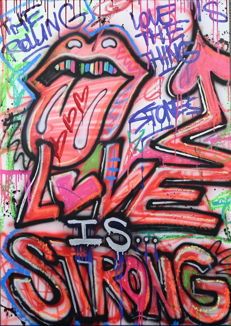 ‘Rolling Stones, Love is Strong’, gemende techniek op doek. Getekend; Doped out M, met certicicaat.